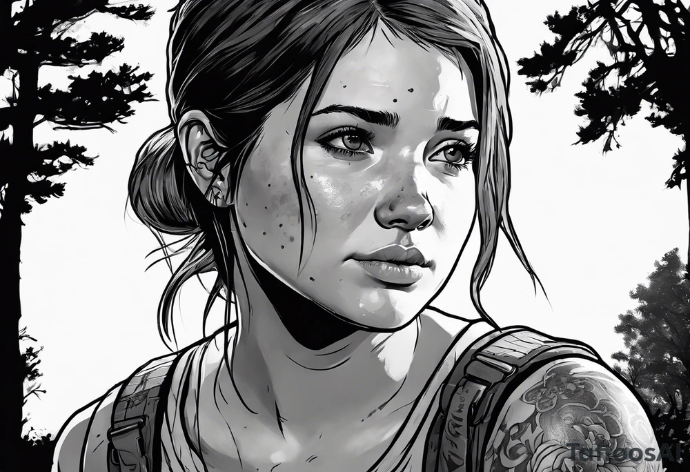 Ellie from the game series The Last of Us, including her tattoo and infected clickers tattoo idea