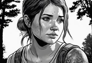 Ellie from the game series The Last of Us, including her tattoo and infected clickers tattoo idea