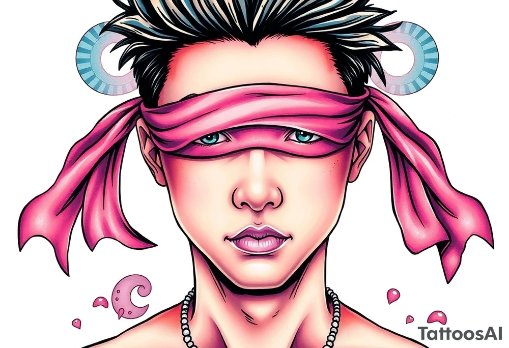 Handsome Asian young guy with 
 eyes covered with a ribbon tattoo idea