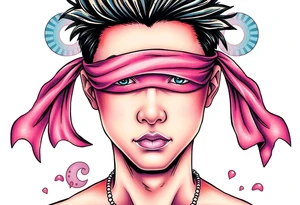 Handsome Asian young guy with 
 eyes covered with a ribbon tattoo idea