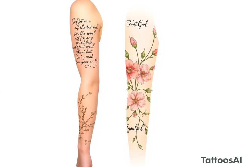 🌿 Right Arm Sleeve
	•	Top shoulder: “Soft but strong, kind but powerful.”
→ Wrapped with light olive vines
	•	Mid-arm: Peonies, lilies, tulips (your favorites)
→ Optional red ink in petal accents
	•	Lower arm/wrist: Vine wrap
→ Script: “Trust God”
	•	Style: Light, flowing, fine-line — NOT bold or filled-in

⸻

🌸 Spine Tattoo & Flow
	•	Already present floral spine tattoo
	•	New elements will connect from your sleeve, flow down from the right shoulder, lightly wrapping into your back
	•	Inspired by the reference with floral script diagonally across the spine
	•	Optional soft red ink details to enhance movement

⸻

🍑 Left Thigh + Butt
	•	Quote: “A garden of her own”
→ Placed on side of butt, flowing from lower back
	•	Floral extension down the thigh — tulips/peonies
	•	Minimal, romantic, fine-line

⸻

👣 Right Ankle
	•	Vine wrap with script: “walk in grace”
→ Placement wraps side ankle or above heel

⸻

✨ Left Arm Details
	•	Inner upper arm (2 stacked lines):
“She is clothed in strength and dignity.”
“…and laughs without fear of the future.”
	•	Lower outer arm: Number 7 (simple, small fine-line)
	•	Hand near thumb: “Godspeed” in thin cursive tattoo idea