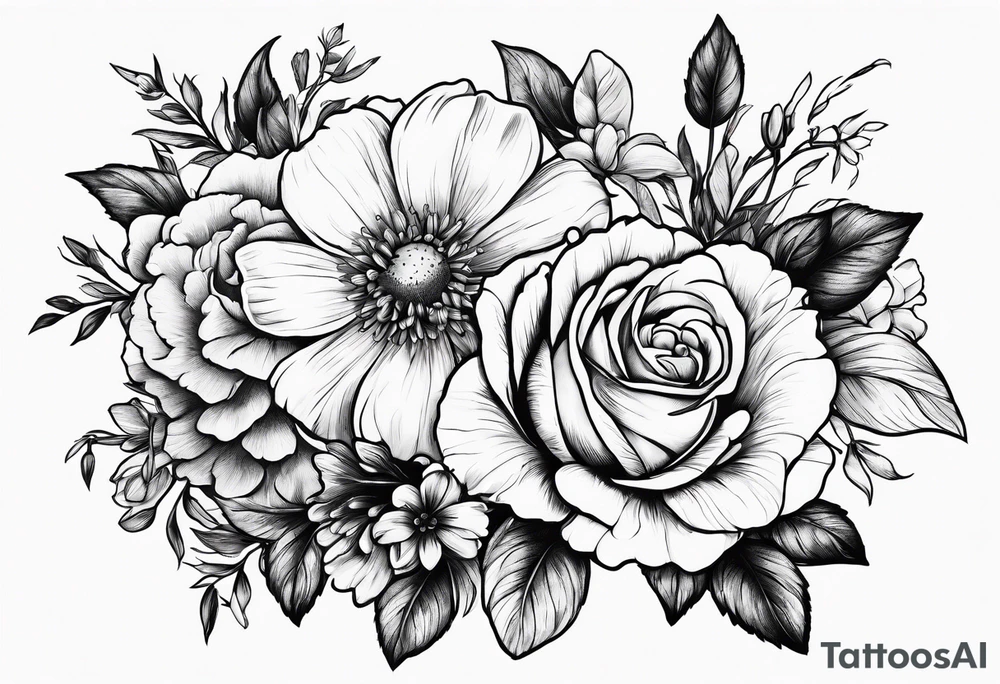 bouquet of roses, larkspur, carnation, and daisy tattoo idea