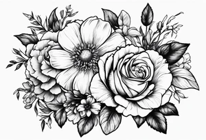 bouquet of roses, larkspur, carnation, and daisy tattoo idea