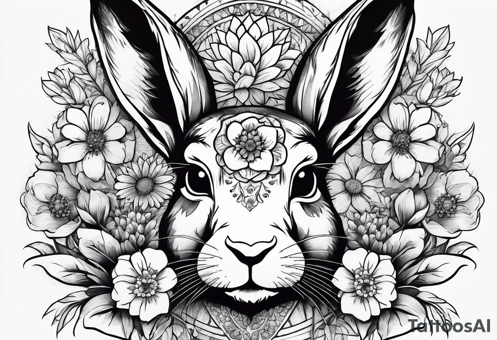 Rabbit head with flowers around it tattoo idea