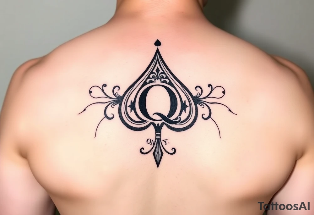 A spade womb tattoo with a Q in the center, with three points around the outside. The first reading, "BLACK". The second reading, "BABY". The third reading, "ONLY". tattoo idea