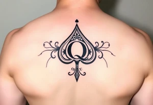 A spade womb tattoo with a Q in the center, with three points around the outside. The first reading, "BLACK". The second reading, "BABY". The third reading, "ONLY". tattoo idea