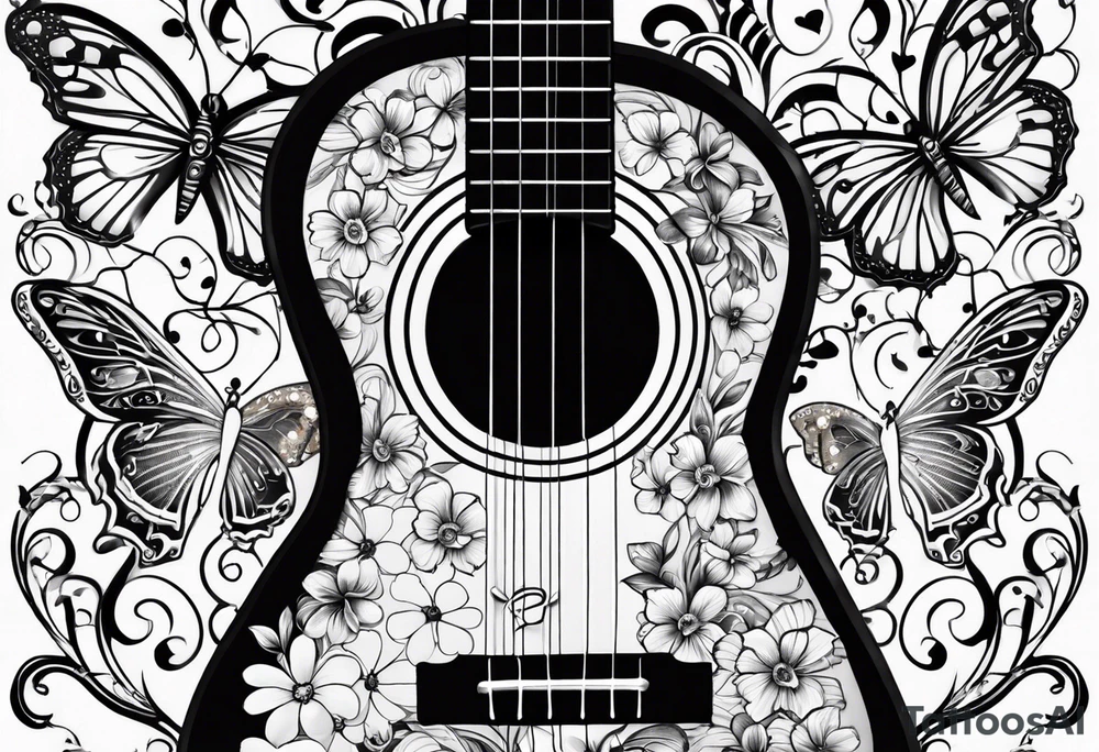 Guitar in shape of treble clef with flowers growing off the side, butterflies, small tattoo idea