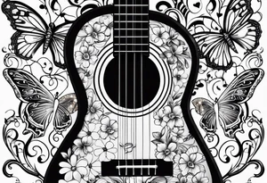 Guitar in shape of treble clef with flowers growing off the side, butterflies, small tattoo idea