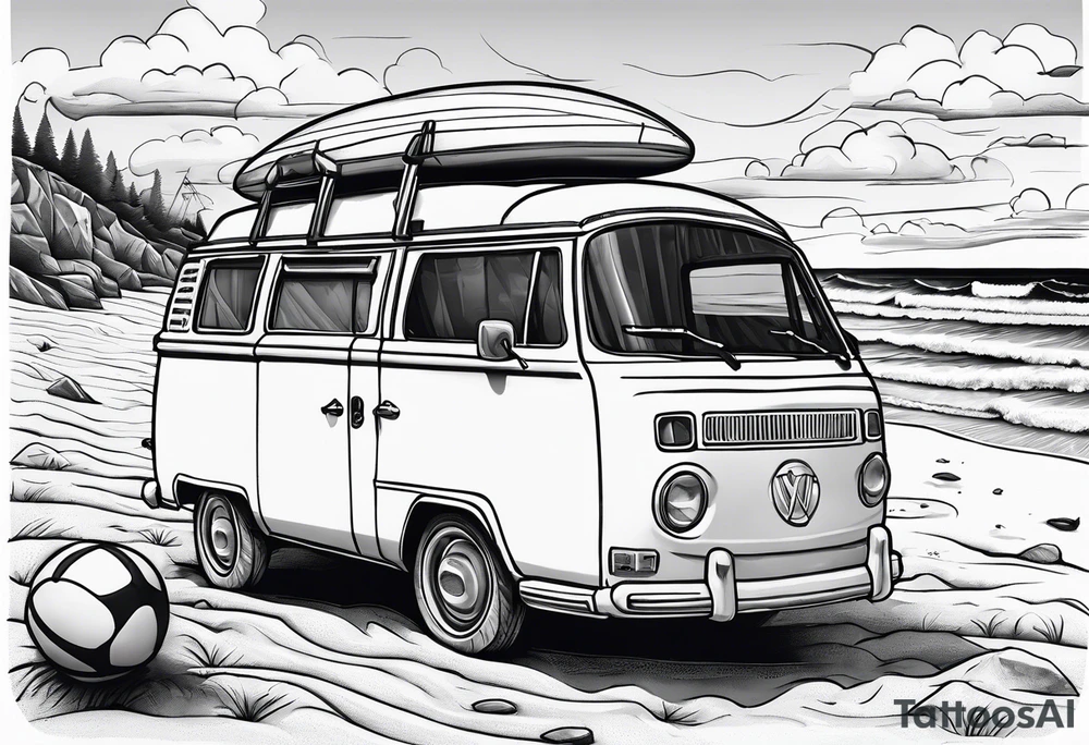 Beach with hills behind, a rugby ball, wine bottle and book on the beach, a plane in the sky and a campervan tattoo idea