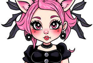 hot goth girl with puppy ears and with piercings on face and big boobs and big butt full body 
 with black outfit on with pink hair tattoo idea