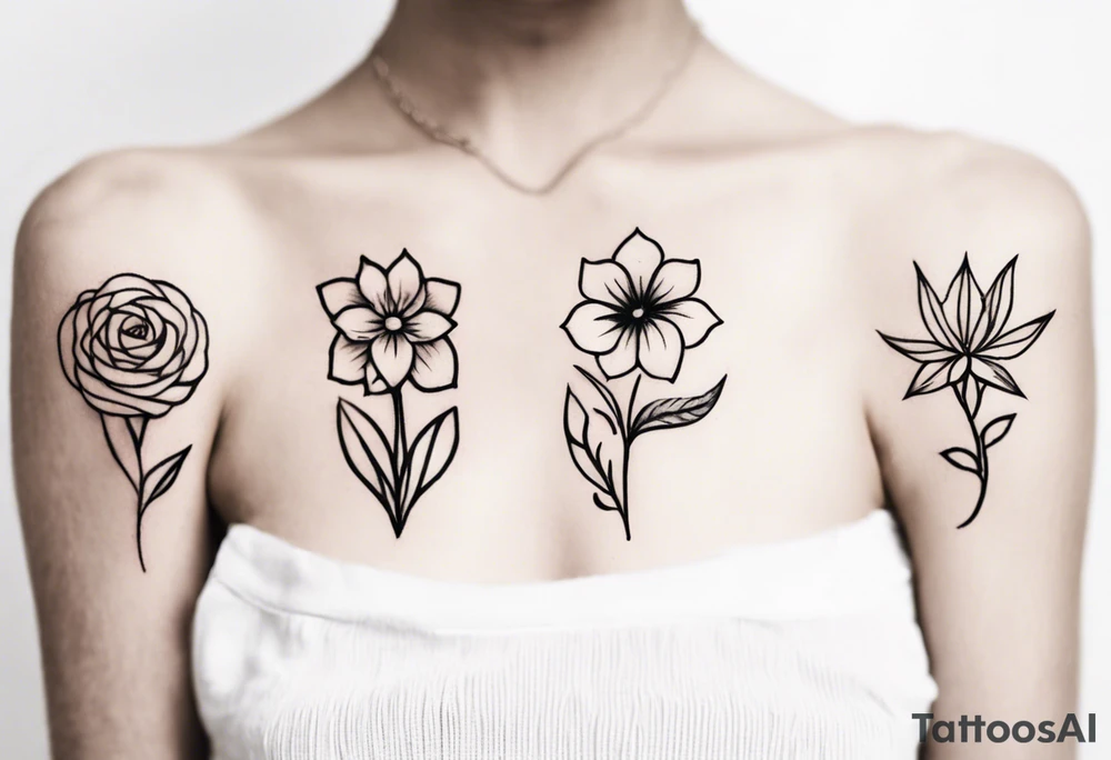 5 flower simple tattoo that has 1 October flower, 1 may flower, 1 July flower, 1 January flower, and 1 September flower tattoo idea