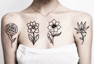 5 flower simple tattoo that has 1 October flower, 1 may flower, 1 July flower, 1 January flower, and 1 September flower tattoo idea