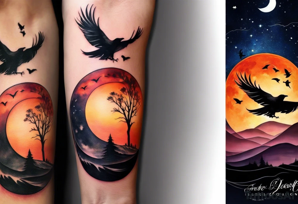 Ying-yang tattoo on your forearm, where one side captures the beauty of the night sky with a full moon, and the other side showcases the warm hues of a sunset. The moon side features a stunning depiction of a crow in flight, adding a touch of magic and wonder to the design. On the sunset side, the silhouettes of a man, woman, and two teenage boys walking create a sense of togetherness and family. Around the circle the words "When Life is hard, you have to change" are written in child's writing tattoo idea
