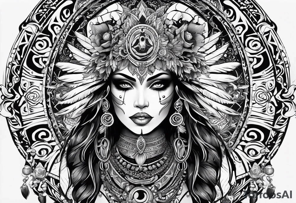 black kali, goddess pirate, alien, pachamama, valkrye, warrior, skull, lotus azul, wing, eagle, zenza resonance, stars, 5D tattoo idea