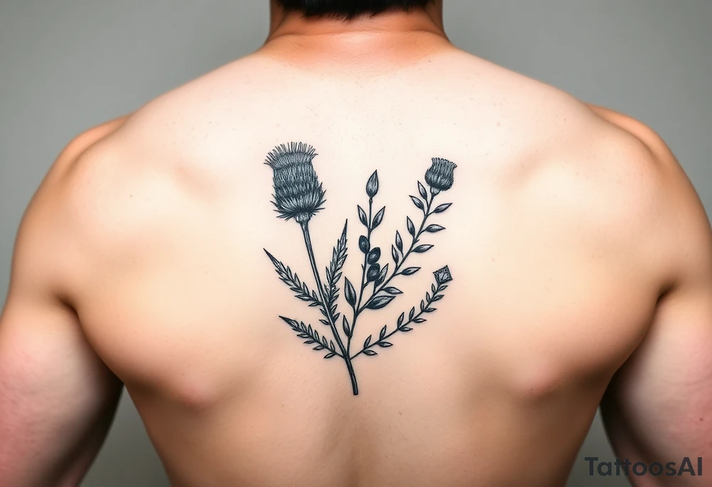 dainty botanical drawing of scottish thistle, olive branch/olive, and cat nip for a wrap around wrist tattoo as one plant tattoo idea