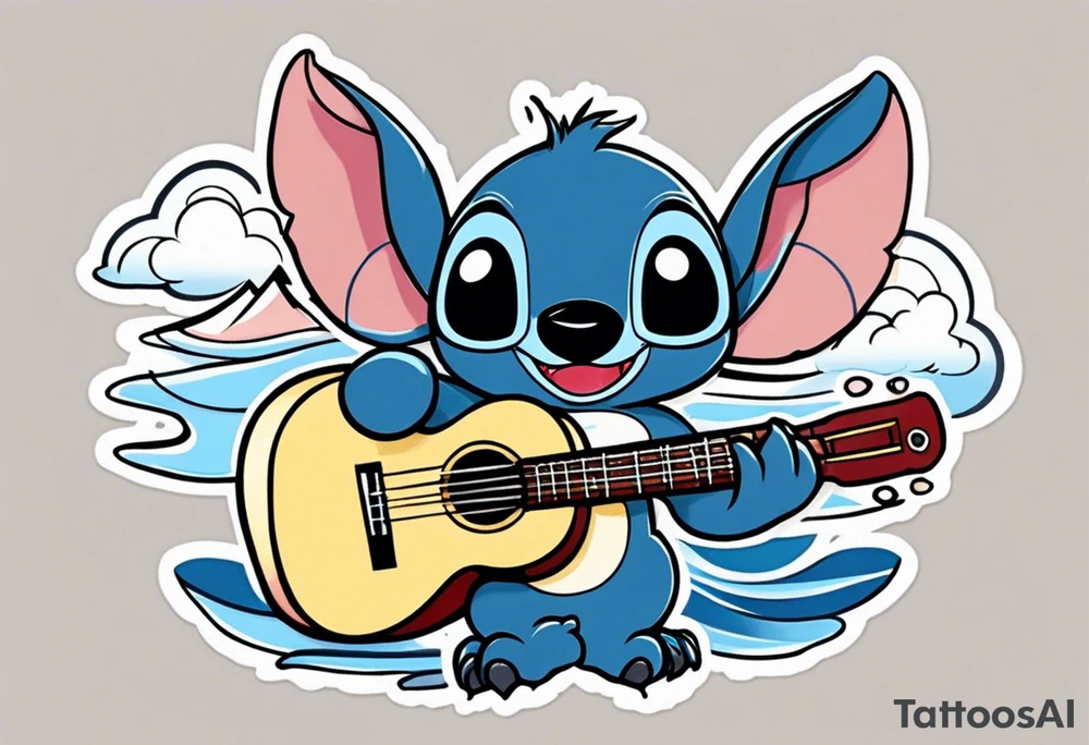 Stitch tattoo on arm under shoulder that is the version of stitch where he’s dressed up like Elvis playing a ukulele on a beach tattoo idea