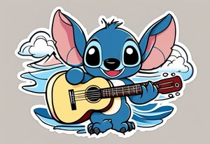 Stitch tattoo on arm under shoulder that is the version of stitch where he’s dressed up like Elvis playing a ukulele on a beach tattoo idea