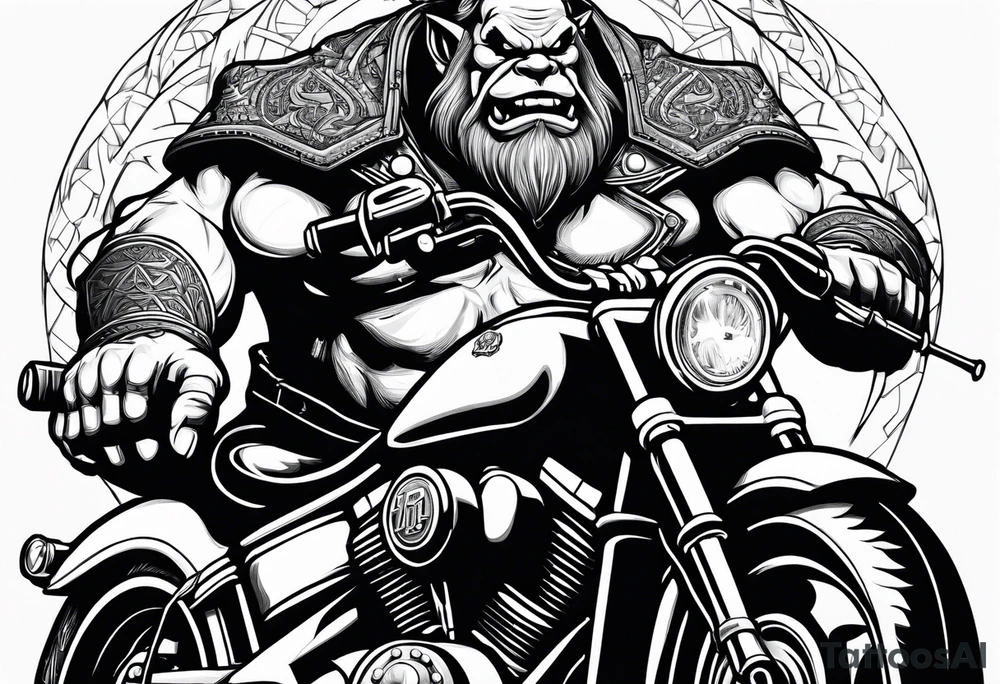 Ogre wearing leather riding a Harley Davidson tattoo idea