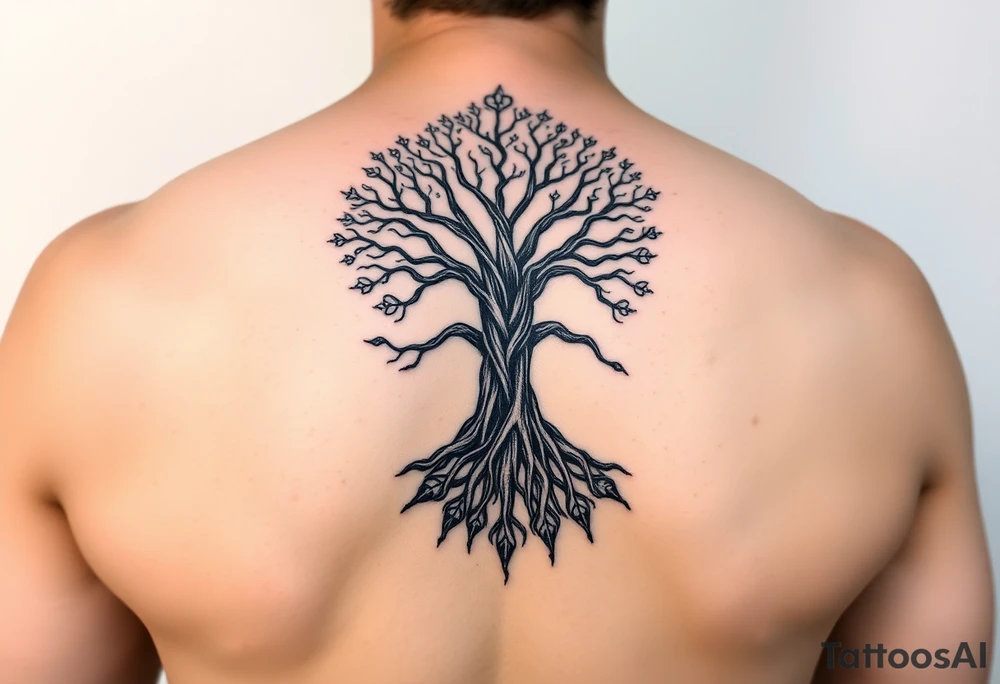 mystical tree of life with cosmic roots and celestial branches tattoo idea