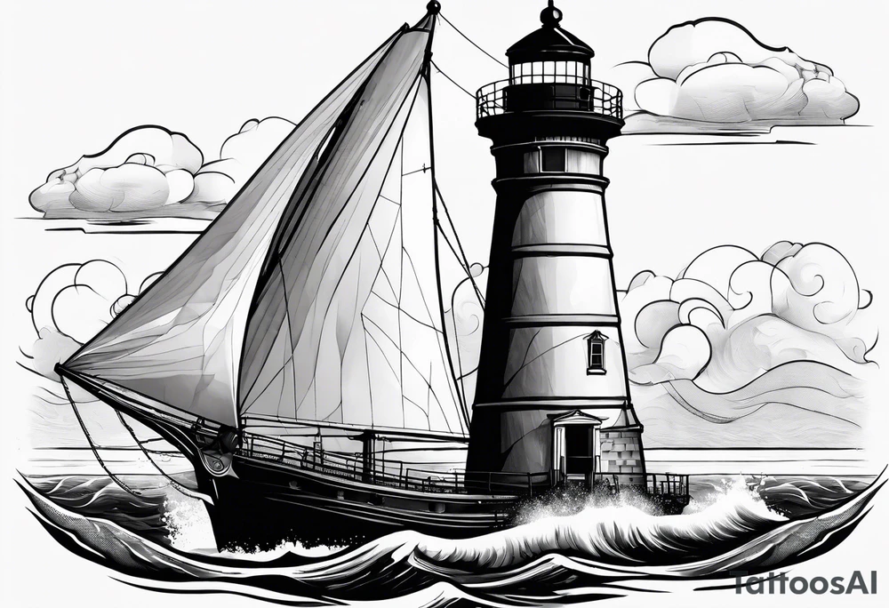 maritime lighthouse partially hidden by its  large fixed sails. tattoo idea