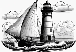 maritime lighthouse partially hidden by its  large fixed sails. tattoo idea