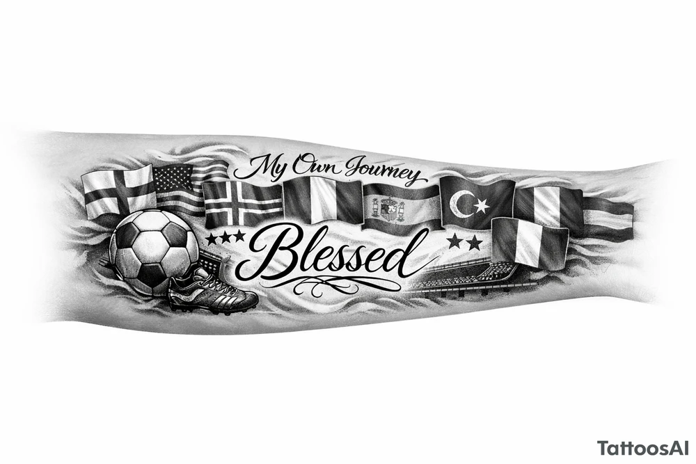 Football related my own journey England USA Iceland Italy Spain Turkey France Hungary flags inside forearm can u put 3 stars under iceland , 2 under turkey and italy
And quote in middle blessed tattoo idea