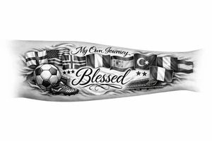 Football related my own journey England USA Iceland Italy Spain Turkey France Hungary flags inside forearm can u put 3 stars under iceland , 2 under turkey and italy
And quote in middle blessed tattoo idea