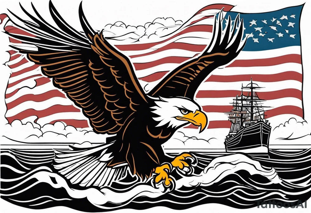 eagle flying in front of ship holding American flag in beak tattoo idea