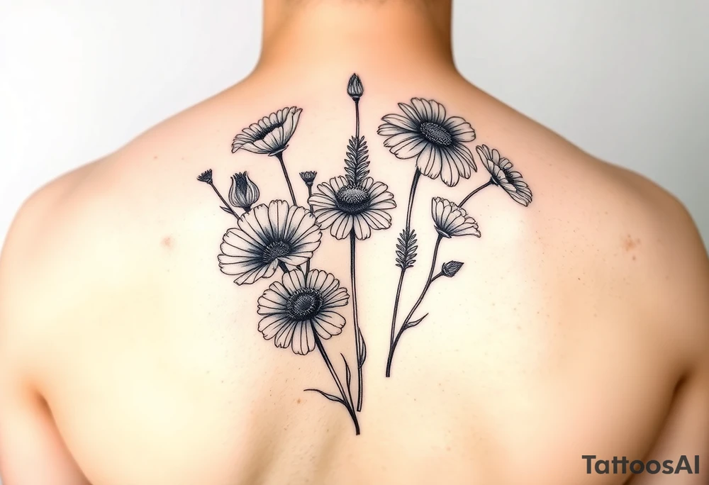 Create an image of an upper arm tattoo (from shoulder cap to just above the elbow) comprised of California poppies, California blackberries, gray’s lupine, marsh marigold, Indian paintbrush, one daisy, and an orange and orange blossom. Use color tattoo idea