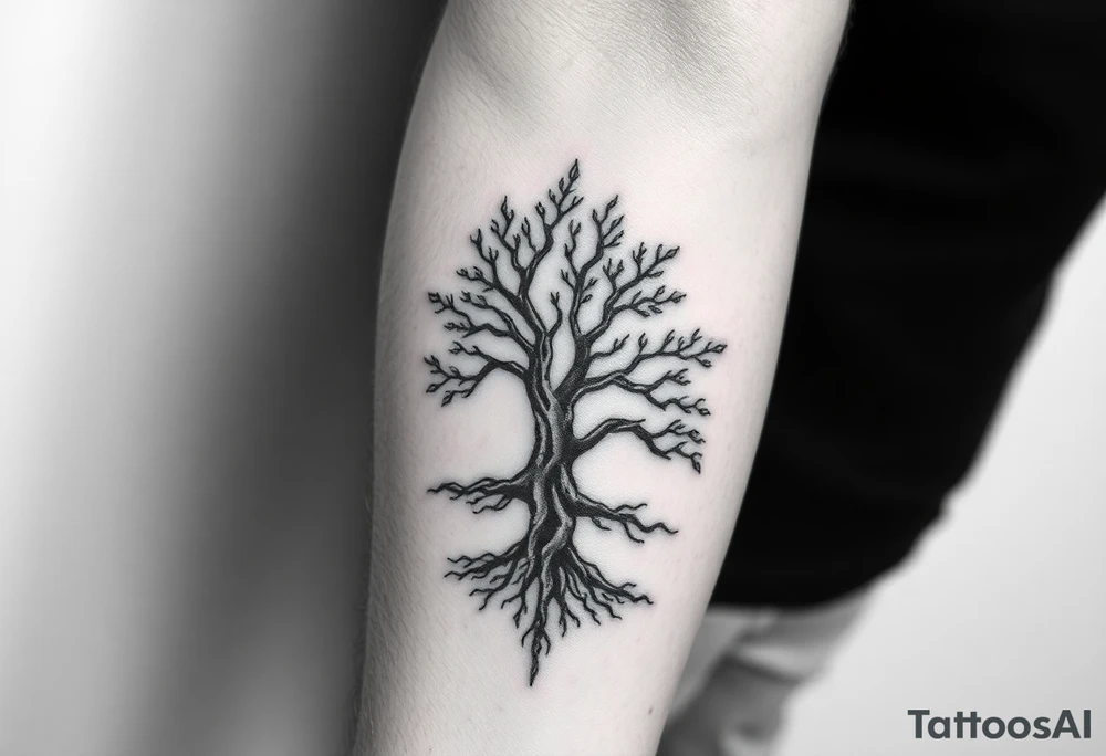 Design a tattoo symbolizing personal rebirth and freedom. or tree emerging from darkness, representing overcoming addiction, self-love, and inner strength. Include meditation elements. Style: minimalistic, meaningful, with clean lines and hope-driven symbolism. tattoo idea
