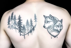 Night time forest scene arm sleeve with a wolf on the right arm tattoo idea