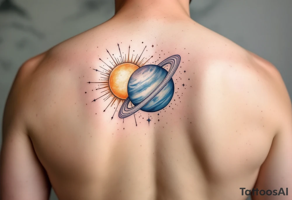 A soft watercolor galaxy with three celestial bodies (sun in gold, moon in silver, and a planet Saturn in deep blue) tattoo idea