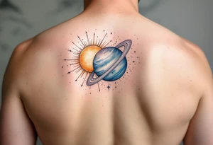 A soft watercolor galaxy with three celestial bodies (sun in gold, moon in silver, and a planet Saturn in deep blue) tattoo idea