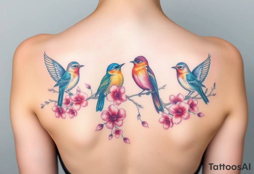 Four birds, flowers, branch tattoo idea
