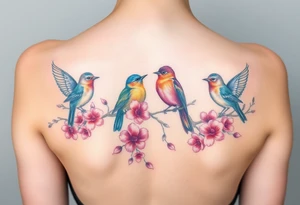 Four birds, flowers, branch tattoo idea