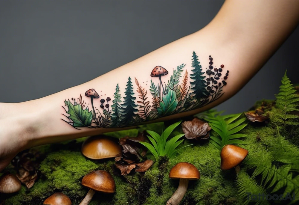 forest floor inspired minimalist tattoo, which includes grass, curly ferns, moss and dead leaves as the bulk of the tattoo. details to include: forest berries, a tiny bumblebee flying nearby, three small brown mushrooms
Generate a vertically long one tattoo idea