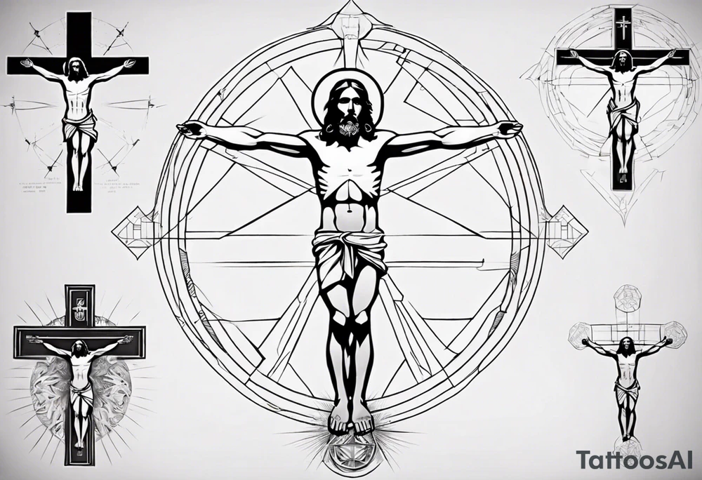 Geometric Vitruvian man combined with Jesus on the cross in front tattoo idea