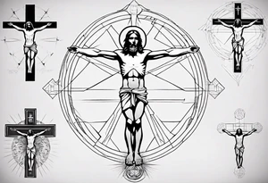 Geometric Vitruvian man combined with Jesus on the cross in front tattoo idea