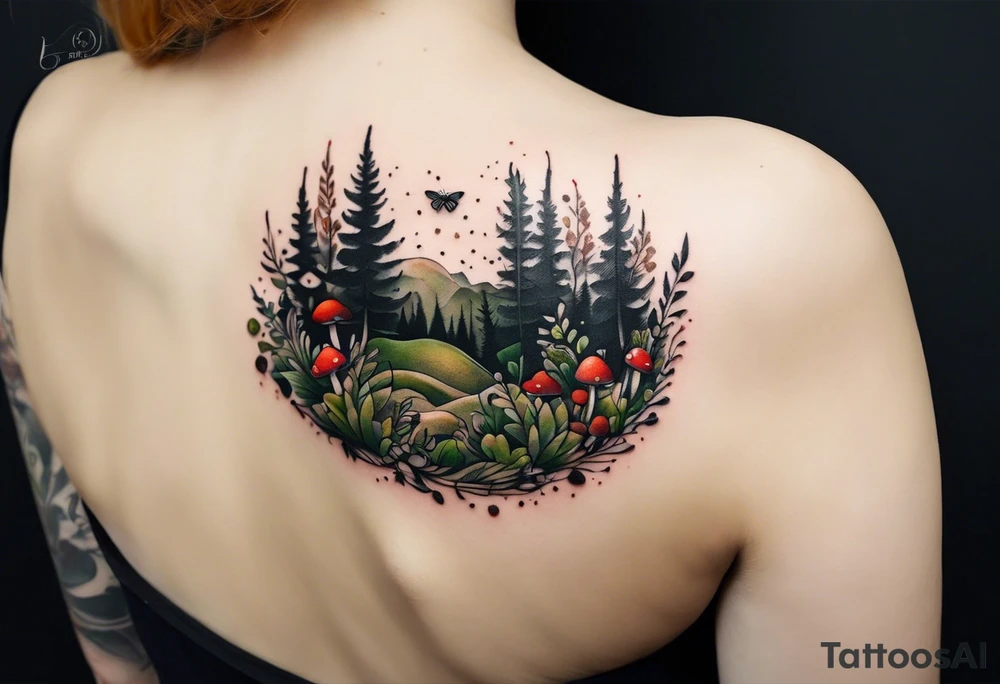 minimalistic forest floor inspired tattoo, which includes grass, moss, curly ferns and dead leaves as the bulk of the tattoo. details to include: forest berries, couple of very small brown mushrooms, a tiny bumblebee flying nearby tattoo idea