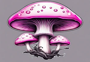 pink and white mushroom with alien fishing tattoo idea