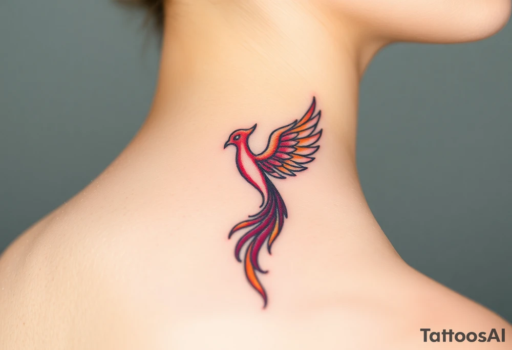 Square, phoenix rising from fire with both wings opened, colors red, pink, orange and purple. tattoo idea