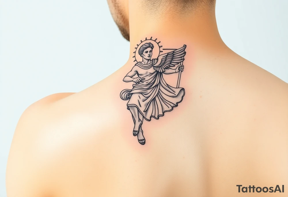 Hermes, Greek god, fine-line black & grey tattoo, flying with winged sandals, holding caduceus. Two faces representing Gemini subtly in cloak or halo. Drama masks (comedy & tragedy) integrated subtly. Greek motifs like olive branches, geometric patterns, subtle architecture as background. Elegant, symbolic, harmonious, detailed line art for forearm or upper arm tattoo. tattoo idea