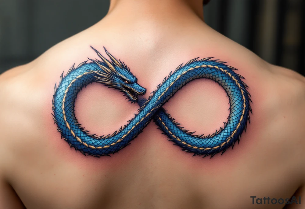 The design features a dragon, coiled in the shape of the infinity symbol (sideways number "8"). The dragon is depicted eating its own tail, symbolizing eternity and continuity, inspired by the Ouroboros.

Details:

The dragon's body has vibrant, glossy blue scales, with a smooth and polished texture.
It maintains a clean, balanced shape in the infinity figure, with sharp details and elegant flow.
Style:

The focus remains on the dragon's form, with no additional background elements to keep the design minimal and modern. tattoo idea