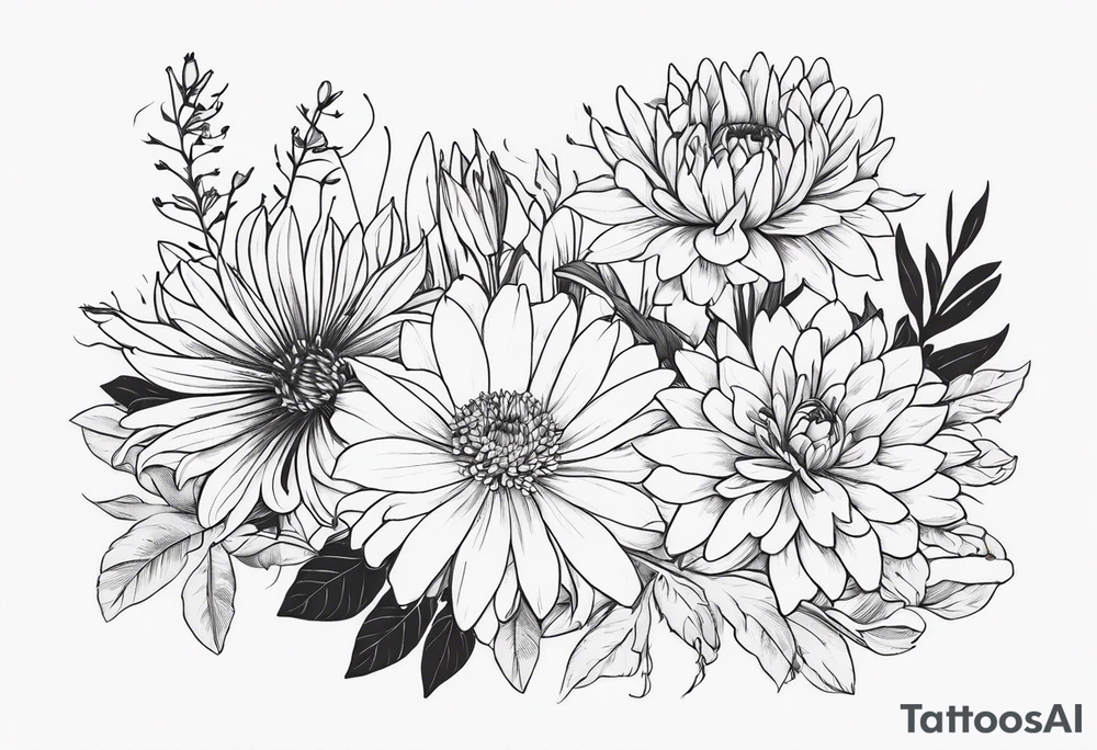 Asters, roses, Lillies, chrysanthemums in a stretched line tattoo idea