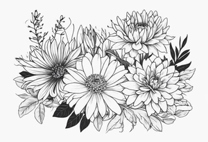Asters, roses, Lillies, chrysanthemums in a stretched line tattoo idea