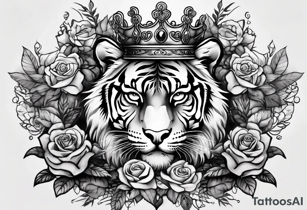 tiger with a crown and third eye with a hour glass instead the hour glass brain cover in in clouds and a heart cover in grass and roots with roses and smoke all over the arm tattoo idea