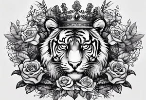 tiger with a crown and third eye with a hour glass instead the hour glass brain cover in in clouds and a heart cover in grass and roots with roses and smoke all over the arm tattoo idea
