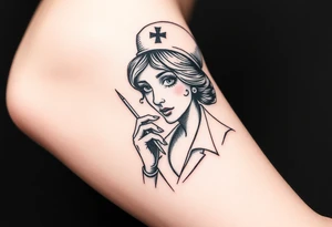 Sleazy nurse with nurse hat and a needle in an elaborate vintage cameo tattoo idea