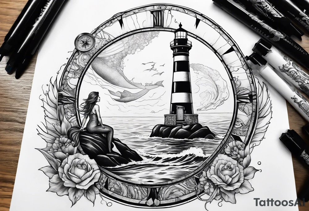 Mermaid sitting on a lighthouse’s rock, vessel in a storm, a compass, a nautical chart tattoo idea