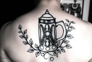 A fine line style German stein in a with an atom and vines on it tattoo idea